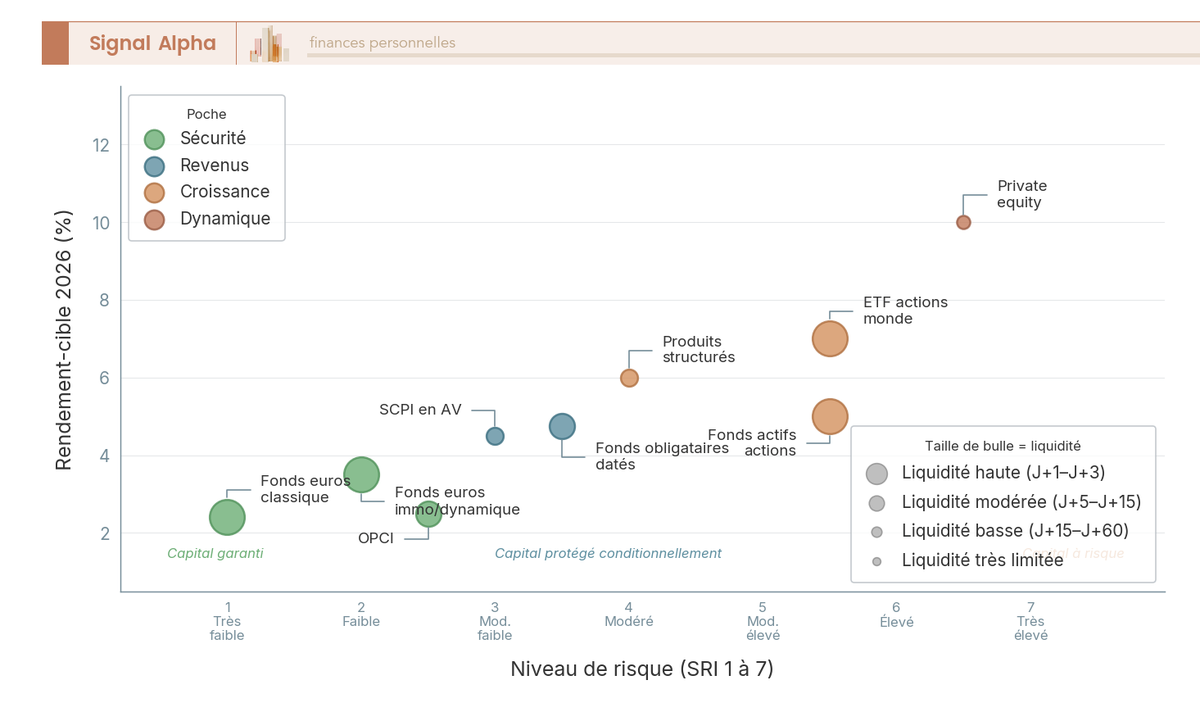 Diagramme de dispersion à bulles cartographiant 9 classes d'actifs accessibles en assurance-vie 2026, axes risque SRI 1 à 7 et rendement-cible, bulles colorées par poche sécurité, revenus, croissance, dynamique.