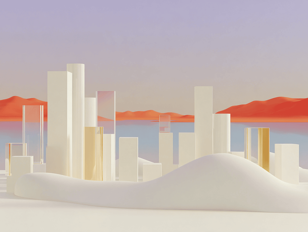 Skyline de tours blanches et dorées devant des montagnes orangées, dunes au premier plan