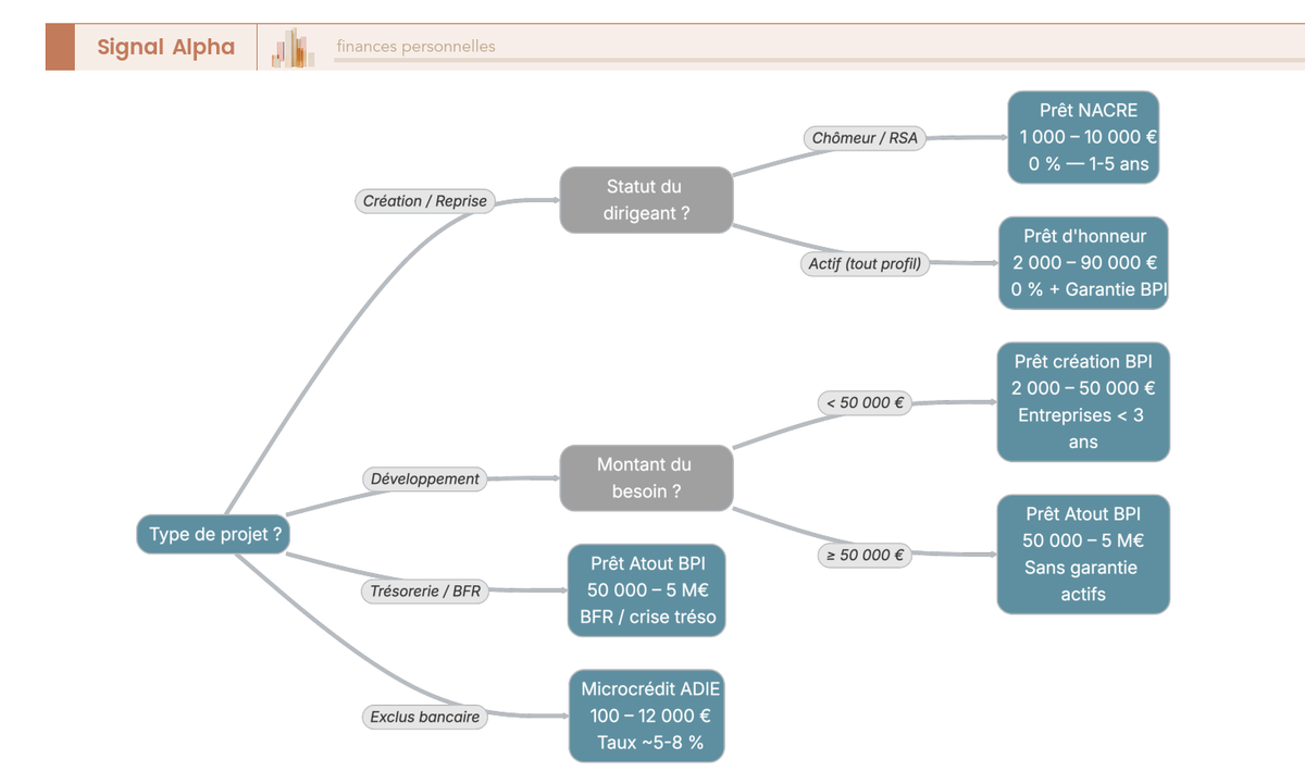 Arbre de décision à 4 niveaux — critères : type projet, ancienneté, montant, statut dirigeant — vers 6 dispositifs publics : prêt honneur, NACRE, Bpifrance, ADIE