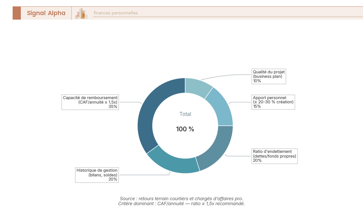 Diagramme en anneau à 5 segments — capacité remboursement 35 %, historique gestion 20 %, endettement 20 %, apport 15 %, qualité projet 10 % — avec valeurs et noms affichés