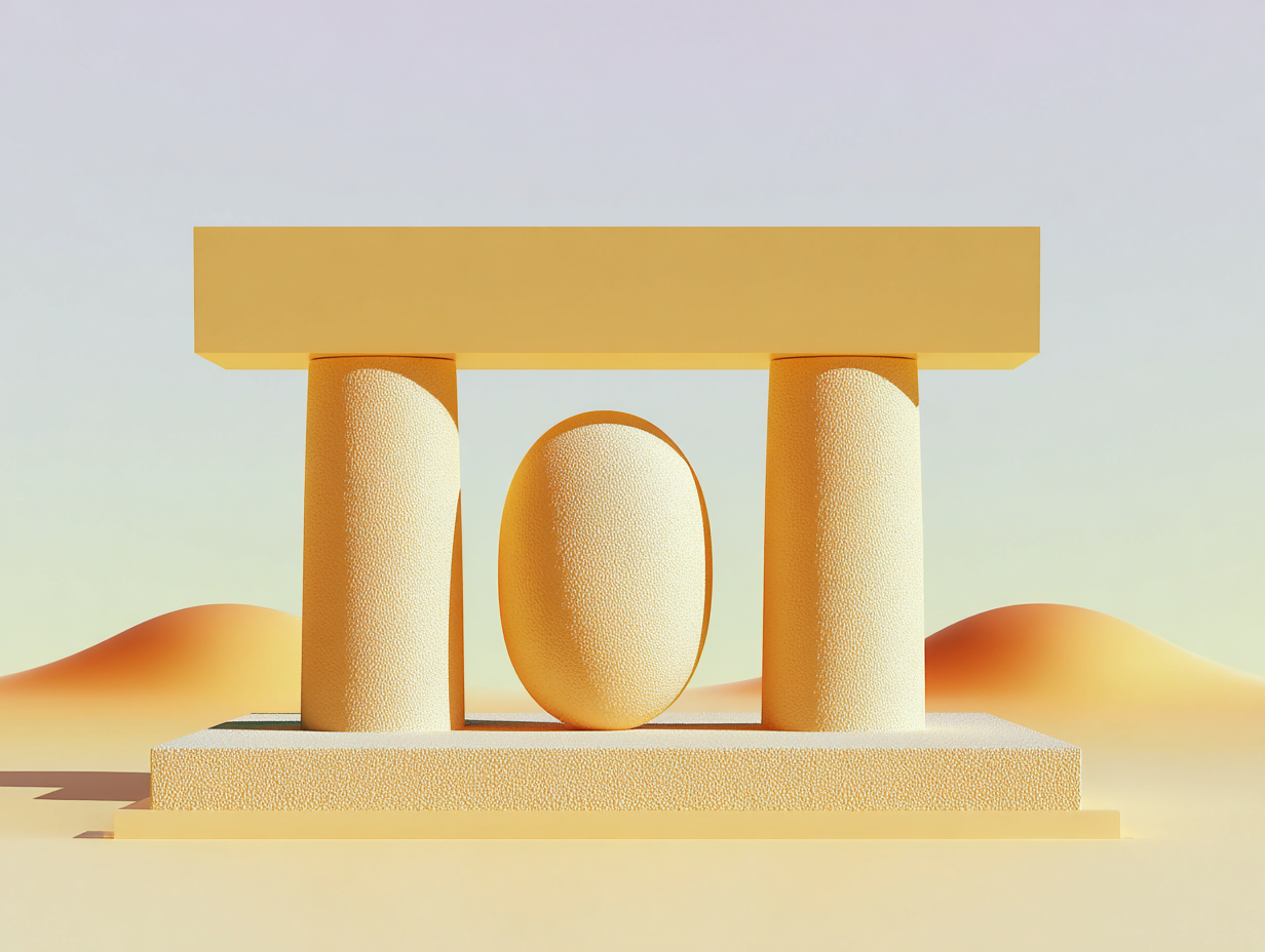 Trois colonnes cylindriques lisses soutenant un entablement horizontal plat, posés sur une plateforme épurée couleur sable, ombres allongées au sol, espace vide abondant autour.