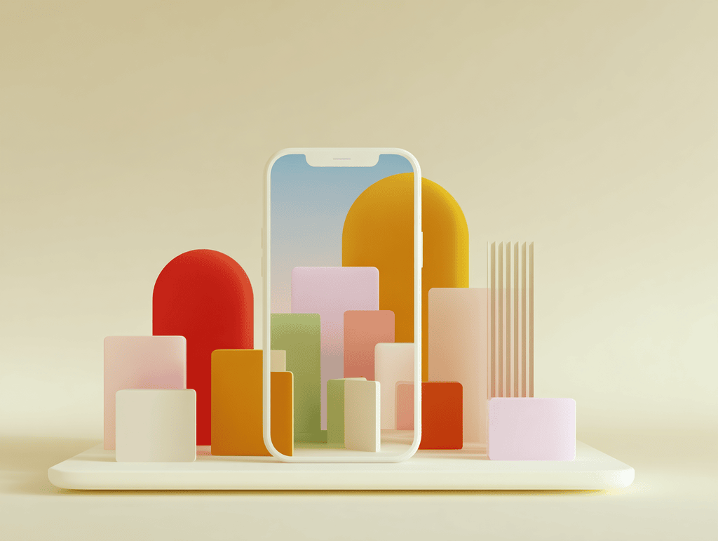 Smartphone blanc au centre sur un socle, blocs colorés multicolores et arches disposés autour, demi-cercle jaune visible à l'écran