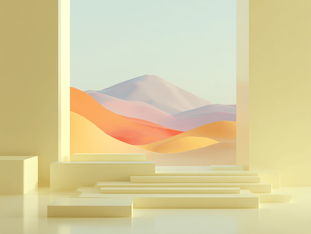 Marches blanches devant un cadre ouvert sur un paysage de collines ondulantes orange, violet et jaune