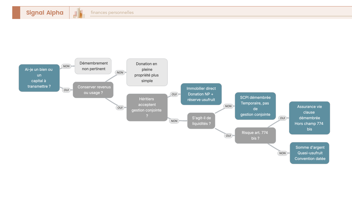 Arbre de decision diagnostique : le demembrement de propriete est-il adapte, et avec quel support (immobilier, SCPI, assurance vie, somme d'argent) ?