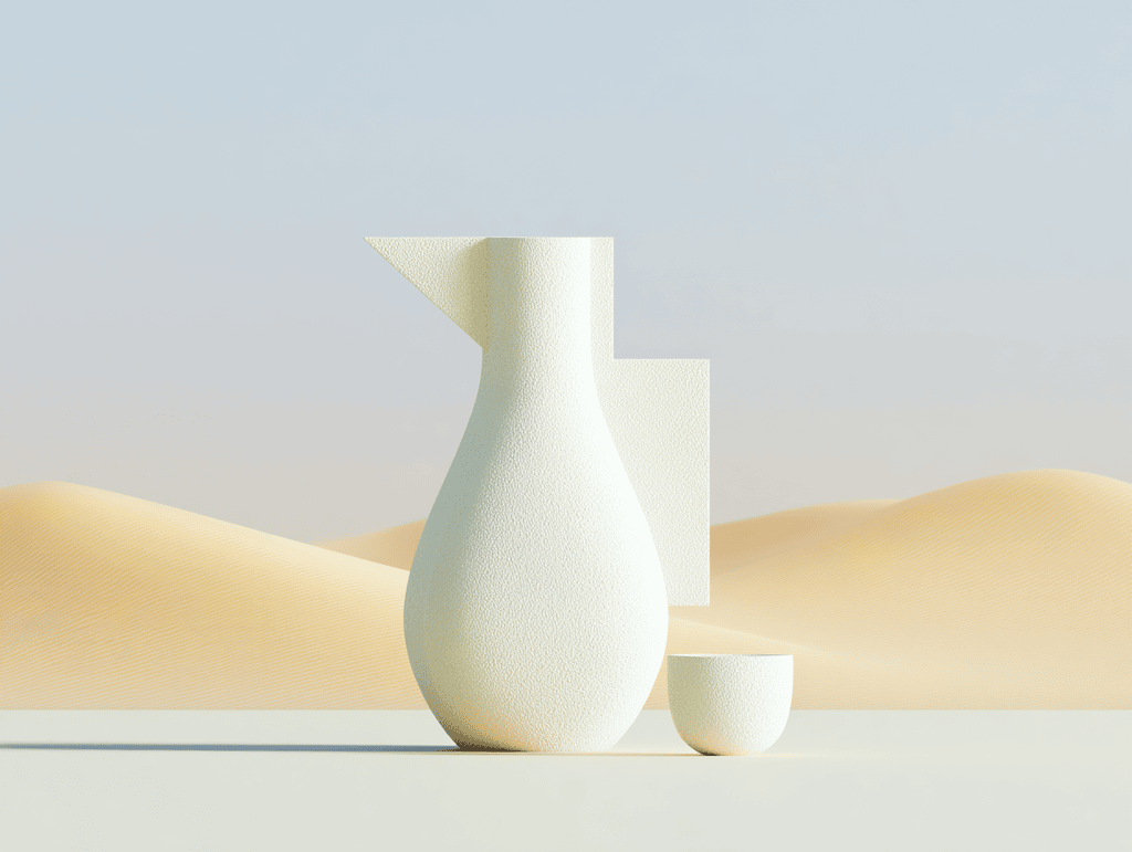 Carafe blanche au bec verseur et petit bol assorti posés sur une surface claire, devant un cube blanc et des dunes de sable beige sous un ciel pâle.
