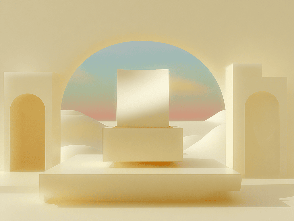Bloc doré sur podium sous une arche semi-circulaire ouverte sur un ciel pastel, niches latérales