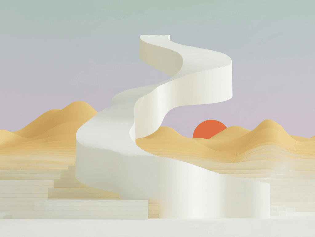 Ruban blanc en spirale ascendante au-dessus de dunes dorées, sphère rouge-orangée à droite