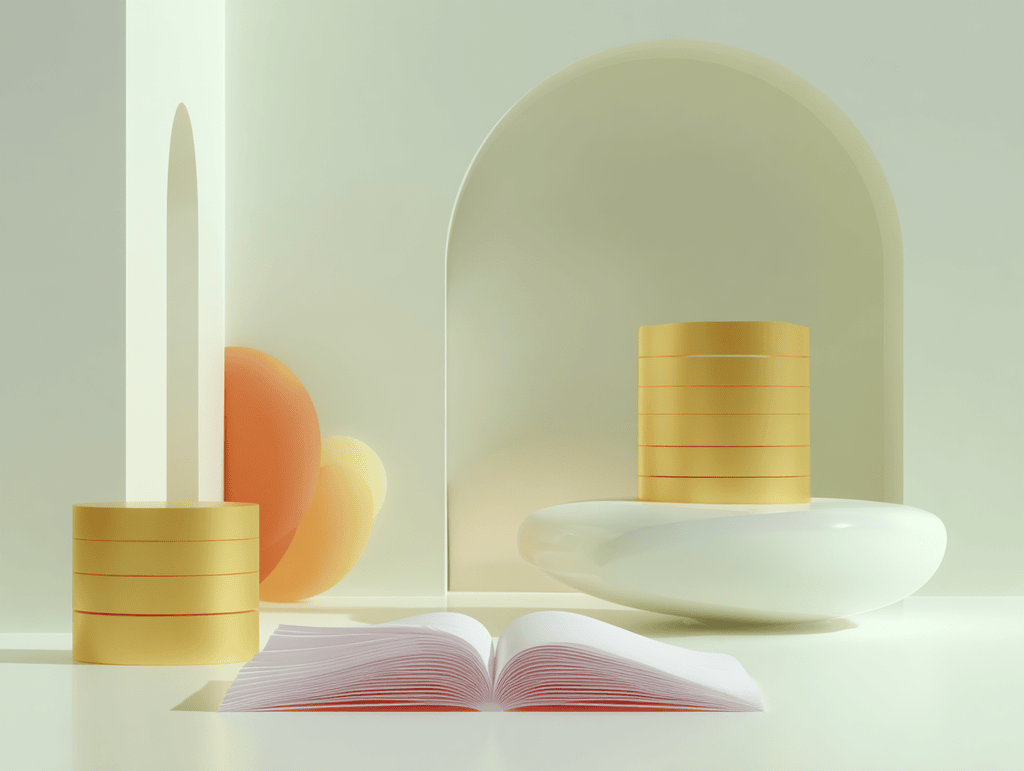 Livre ouvert, piles de disques dorés et bougie blanche devant une arche, sphère orangée