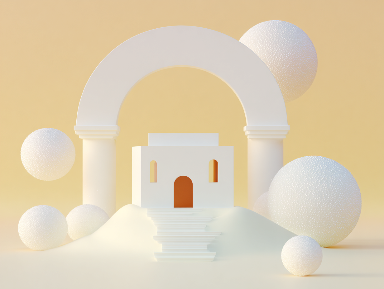 Maquette de logement minimaliste sur socle carré, rangée de cinq sphères en gradation devant, deux colonnes élancées et arche en arrière-plan
