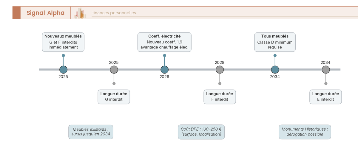 Frise chronologique horizontale de 2025 à 2034 avec deux lignes parallèles annotées : nouveaux meublés en rouge (G/F interdits dès 2025, E dès 2034) et meublés existants en orange (sursis, classe D d'ici 2034).