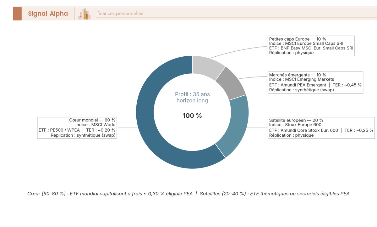 Diagramme en anneau présentant une allocation cœur-satellites en quatre segments pour un PEA long terme, avec ETF et TER associés.