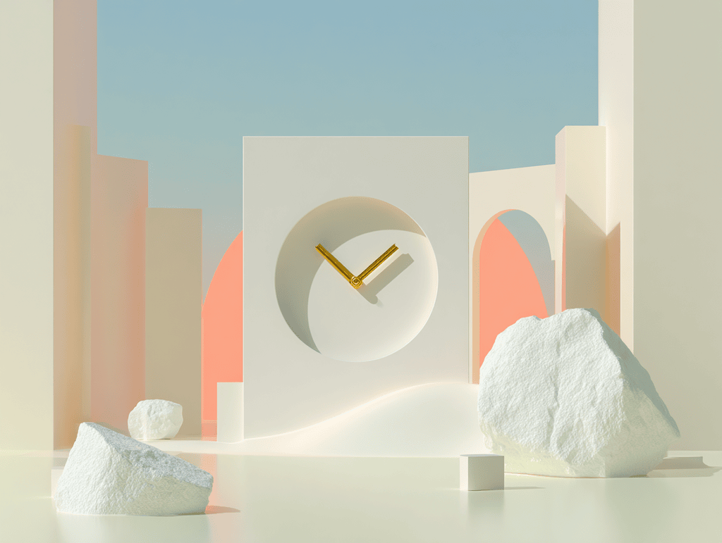 Horloge murale encastrée dans un panneau blanc avec aiguilles dorées, rochers blancs et colonnes colorées autour