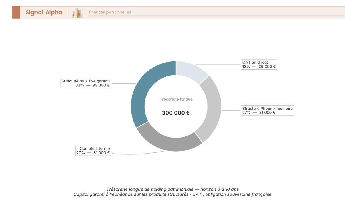 Diagramme en anneau présentant l'allocation d'une trésorerie longue de 300 000 euros pour un dirigeant : compte à terme 27 pour cent (81 000 euros), structuré taux fixe garanti 33 pour cent (99 000 euros), structuré Phoenix mémoire 27 pour cent (81 000 euros), OAT en direct 13 pour cent (39 000 euros)