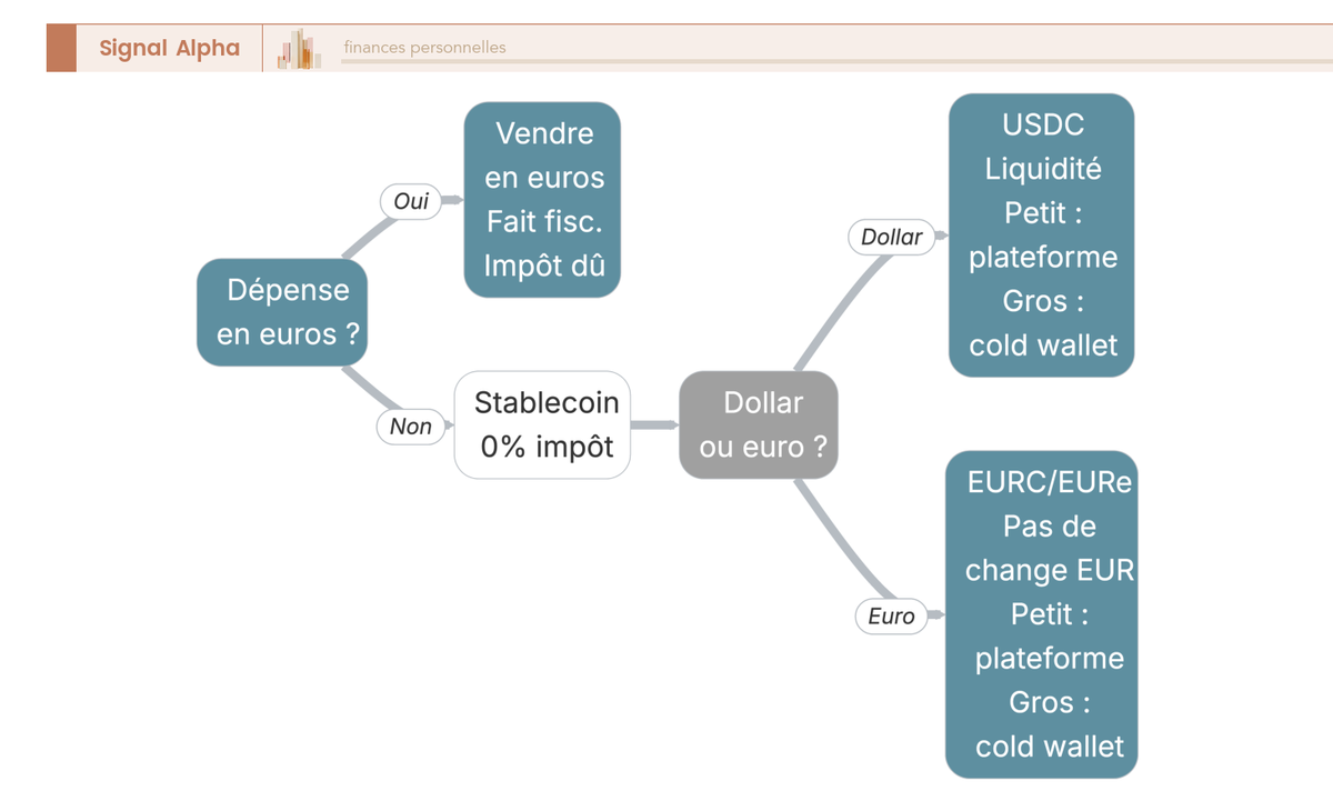 Arbre de décision en cas de correction de marché : vendre en euros, basculer en stablecoin, puis choix dollar ou euro et custody.