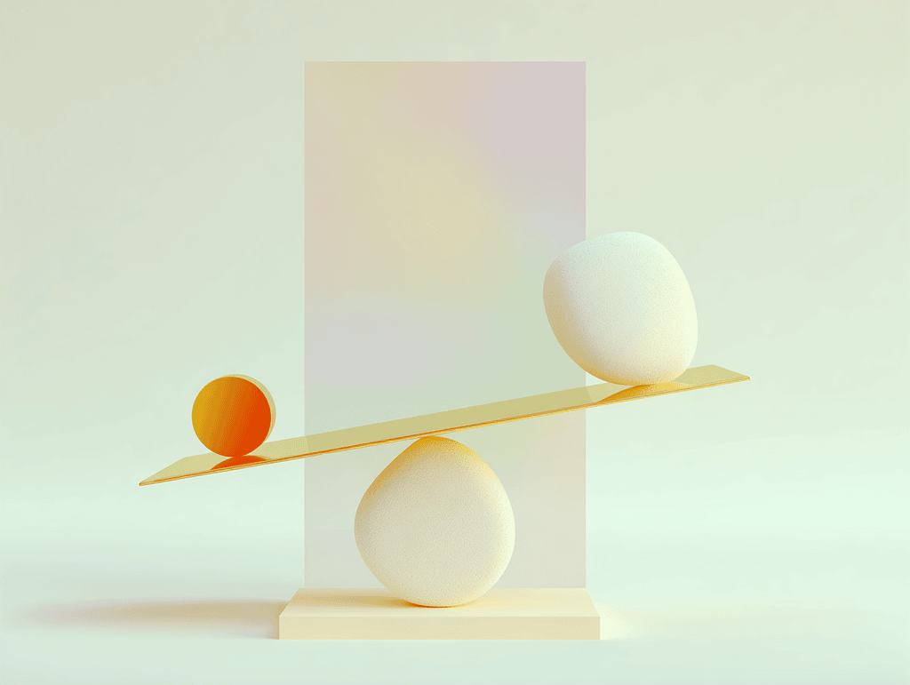 Balance en équilibre avec petite sphère orange à gauche et grande sphère blanche à droite, panneau vertical rose en arrière-plan
