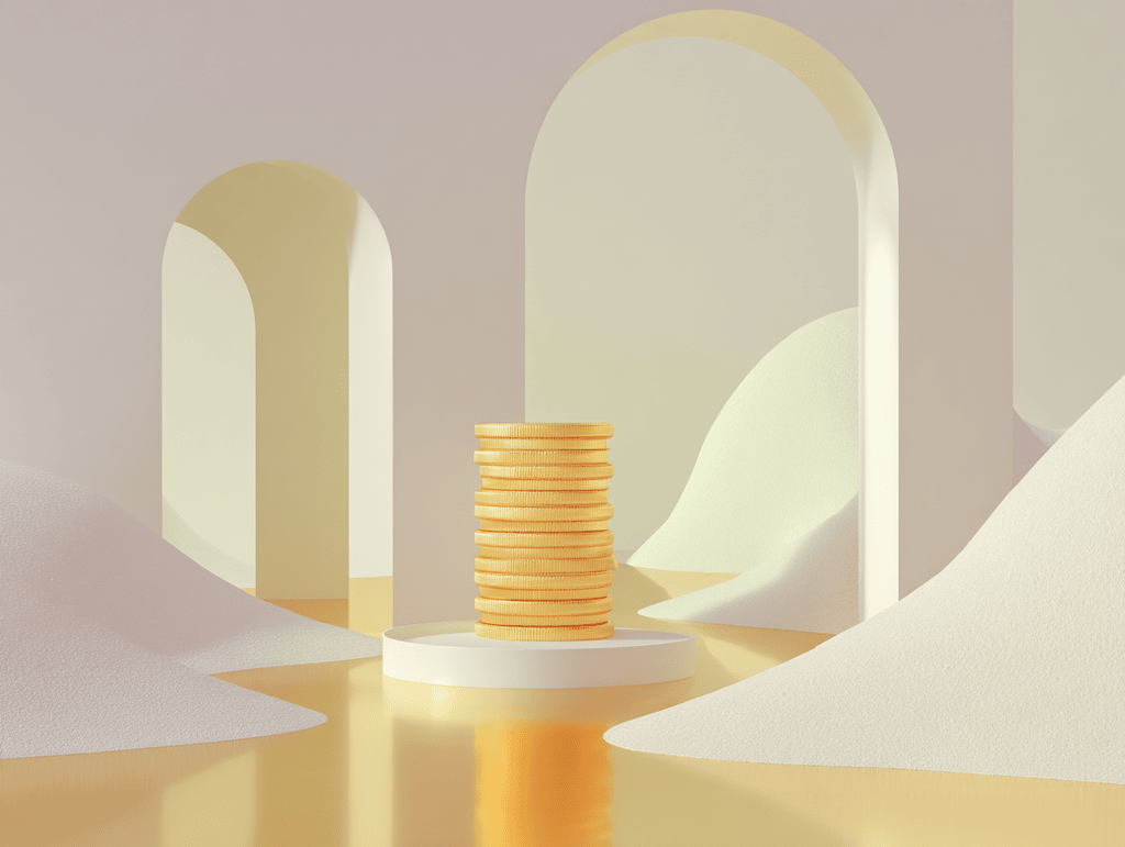 Pile de disques dorés sur plateau réfléchissant, arches blanches et dunes en arrière-plan