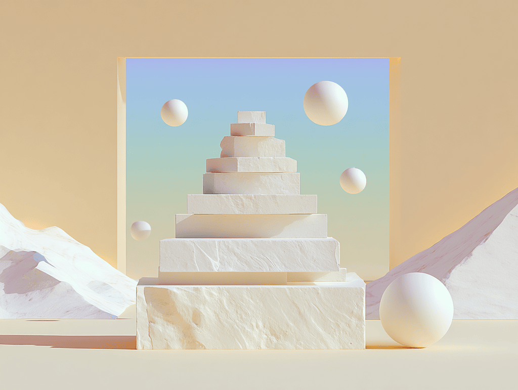 Pyramide à gradins dans un cadre carré, sphères flottantes et rubans ondulants sur dunes