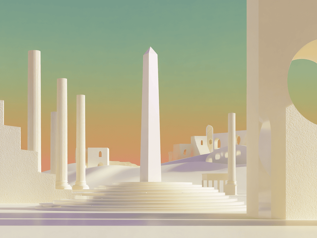 Obélisque central et colonnes blanches avec escaliers, sphère dorée en arrière-plan