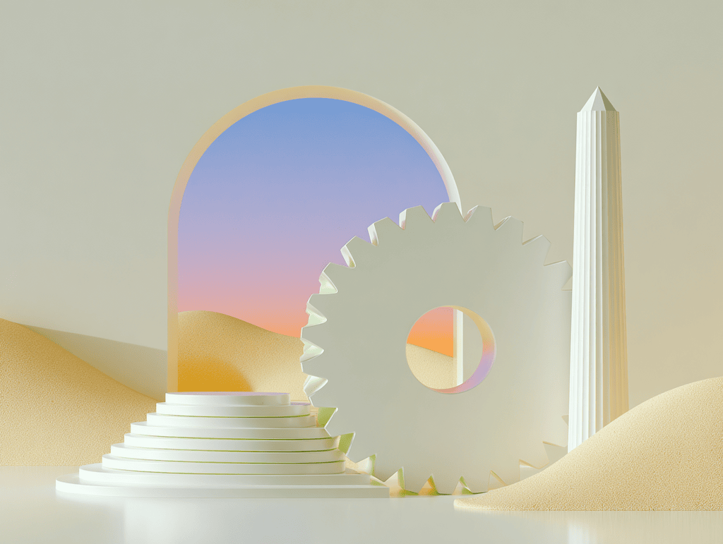Engrenage blanc et arche ouverte sur un ciel pastel, obélisque et escaliers au premier plan