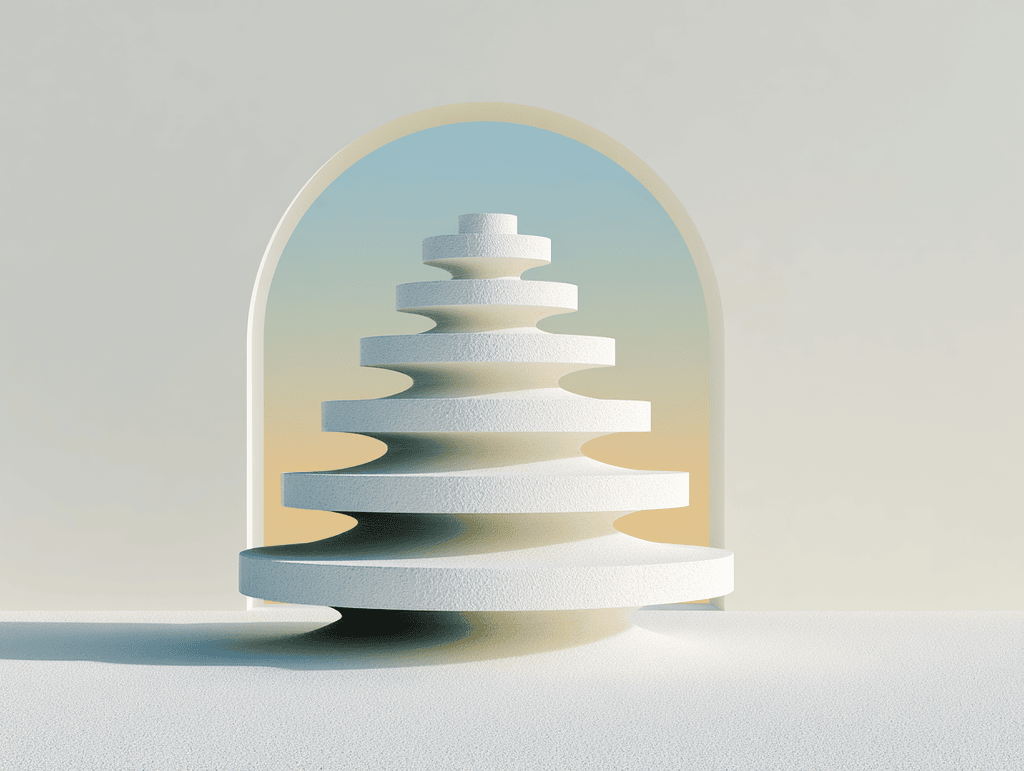 Empilement de disques blancs de tailles décroissantes formant une pyramide à étages, posé sur un socle circulaire, sous une arche, sur fond dégradé bleu pâle et sable.