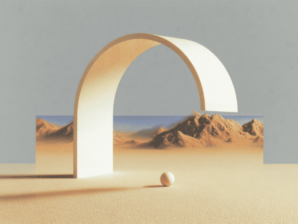 Arche blanche épurée à gauche et mur encadrant un paysage désertique aux tons sable avec montagnes lointaines, petite sphère posée sur le sol clair au premier plan.
