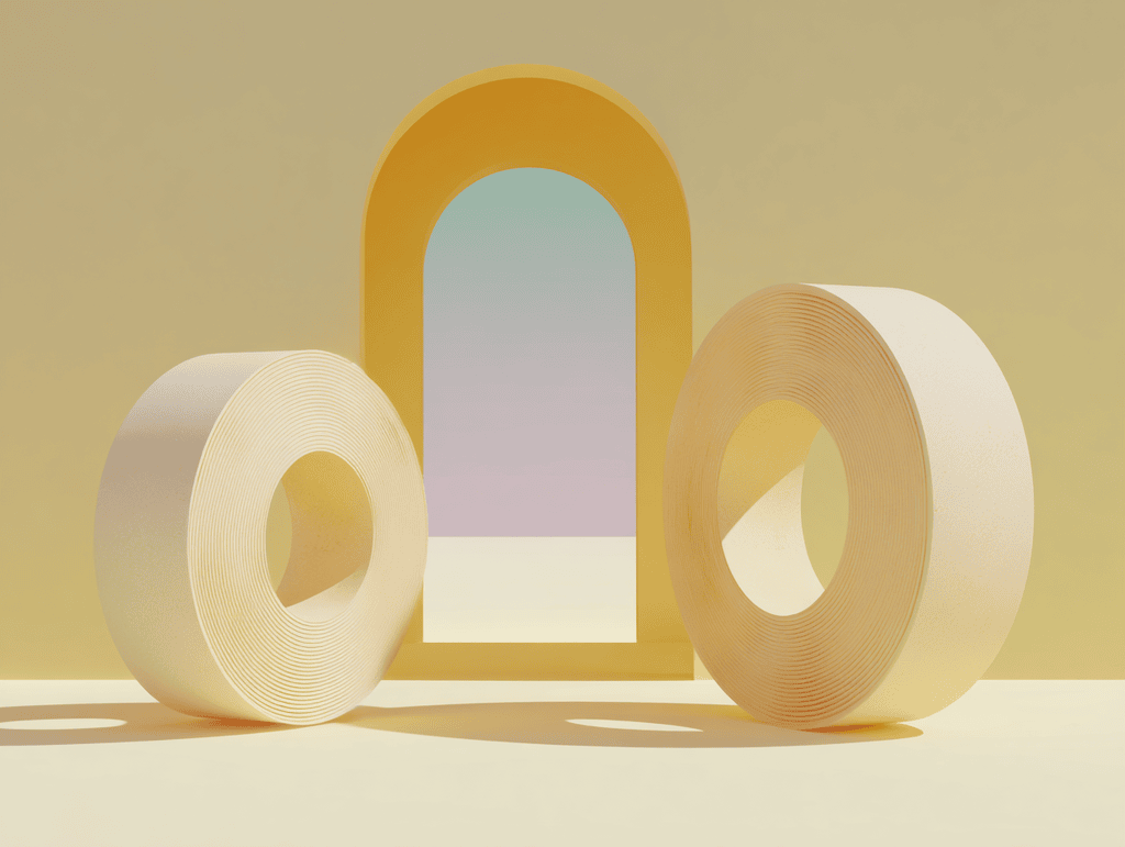 Deux formes toroïdales beige clair posées devant une arche dorée ouvrant sur un dégradé bleu-rose, sur fond sable uni.