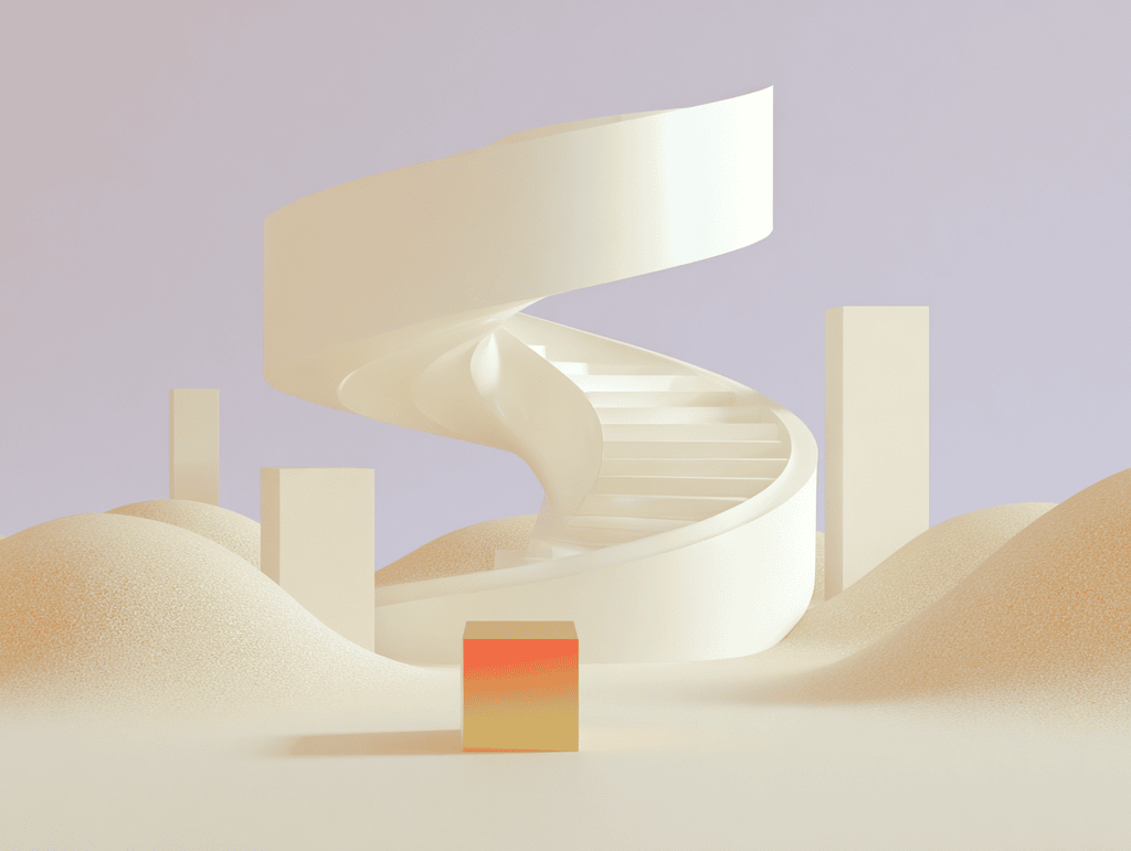 Escalier hélicoïdal blanc au-dessus de dunes, cube rouge-orangé au premier plan