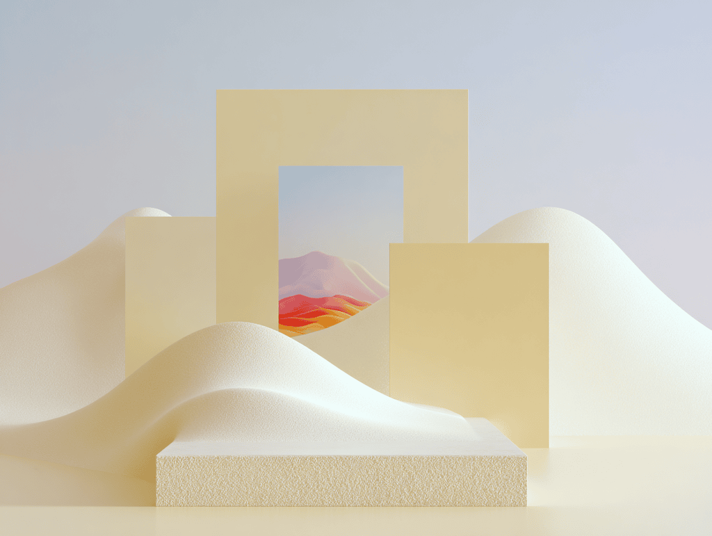 Dunes blanches ondulantes encadrant un cadre rectangulaire doré avec vue sur un paysage coloré