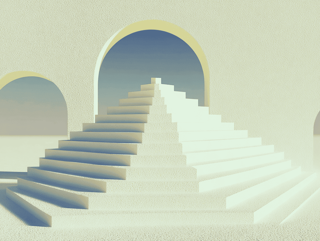 Pyramide à degrés et escaliers blancs en 3D sur fond sable, devant une arche au dégradé bleu ; volumes géométriques épurés aux ombres douces.