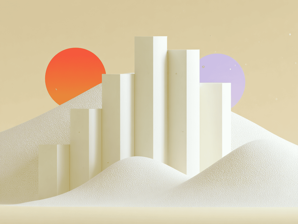 Barres verticales blanches de hauteurs variées, sphères rouge-orangée et violette sur dunes
