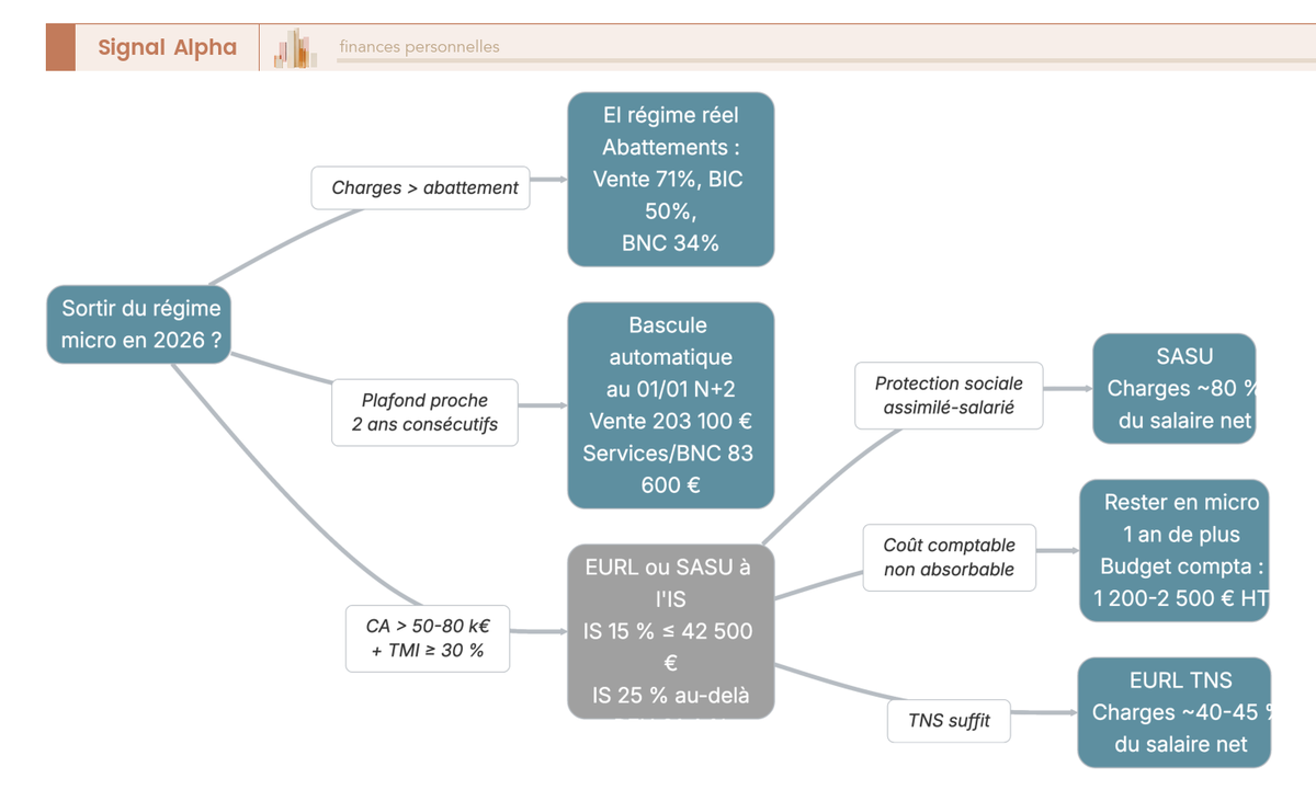 Arbre de décision à cinq niveaux avec branches sur les charges réelles, le plafond CA, la TMI, le besoin de protection sociale et le coût comptable, issues EI réel, EURL TNS, SASU ou rester en micro.