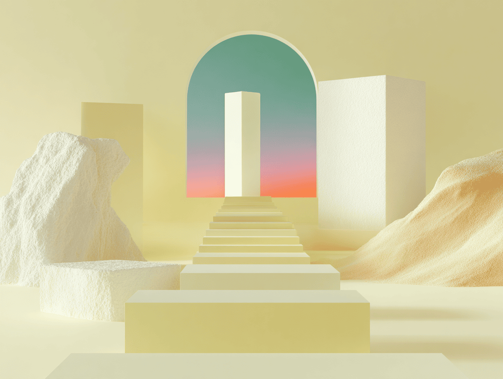 Arche beige ouverte sur un ciel dégradé turquoise et rose, escaliers blancs et rochers
