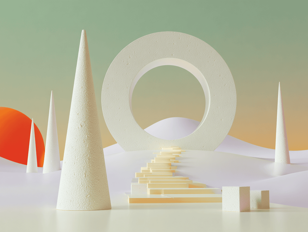 Anneau blanc et escalier doré au centre, cônes blancs et sphère orangée sur fond de dunes