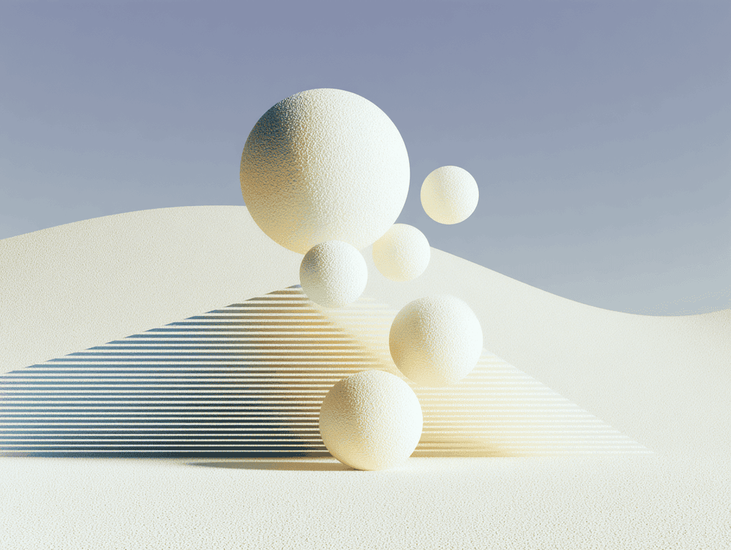 Dunes de sable beige sous un ciel bleu pâle. Des sphères blanches lisses de tailles variées, posées et en suspension, entourent un empilement de fines lamelles horizontales en escalier.