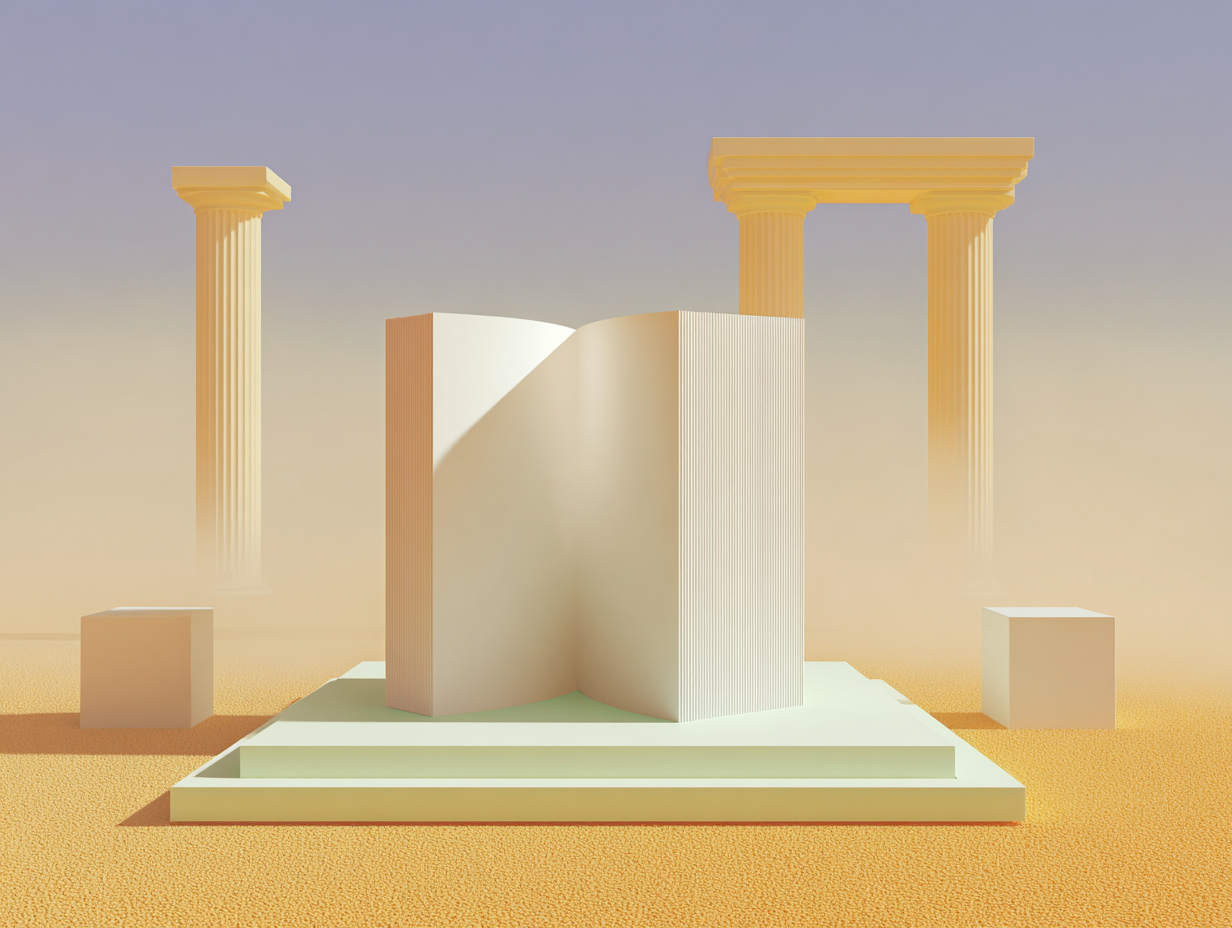 Bloc rectangulaire à fines lamelles superposées sur plinth large, deux petits socles flanquants, colonnes élancées et entablement en arrière-plan