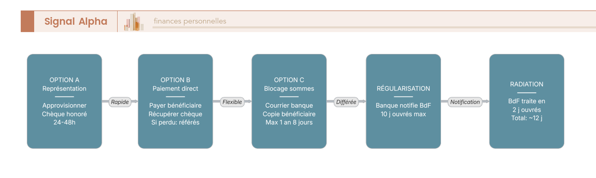 Diagramme de flux à trois branches parallèles : Option A 'Représentation' (approvisionner → informer banque → chèque honoré 24-48h → radiation 12 jours ouvrés), Option B 'Paiement direct bénéficiaire' (payer → récupérer chèque → si irrécupérable juge des référés), Option C 'Blocage des sommes' (courrier banque + copie bénéficiaire → délai max 1 an 8 jours). Points de décision critiques annotés.