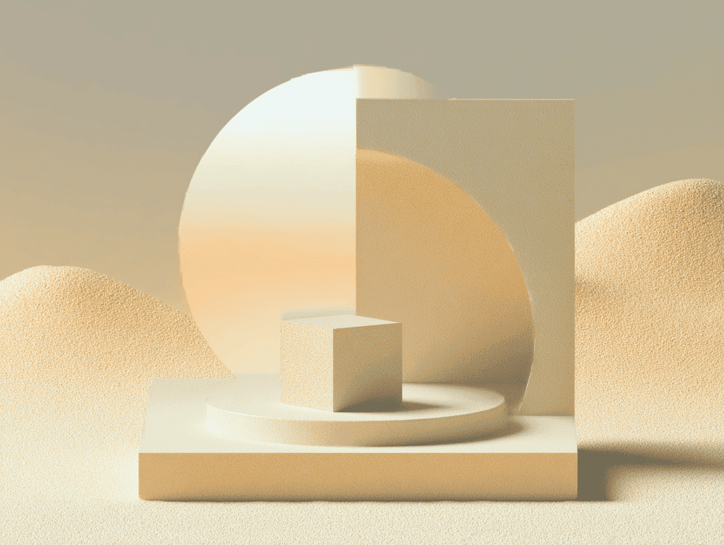 Composition 3D beige : grande sphère blanche partiellement cachée derrière un bloc rectangulaire vertical, petit cube blanc sur un socle plat, dunes de sable au premier plan.