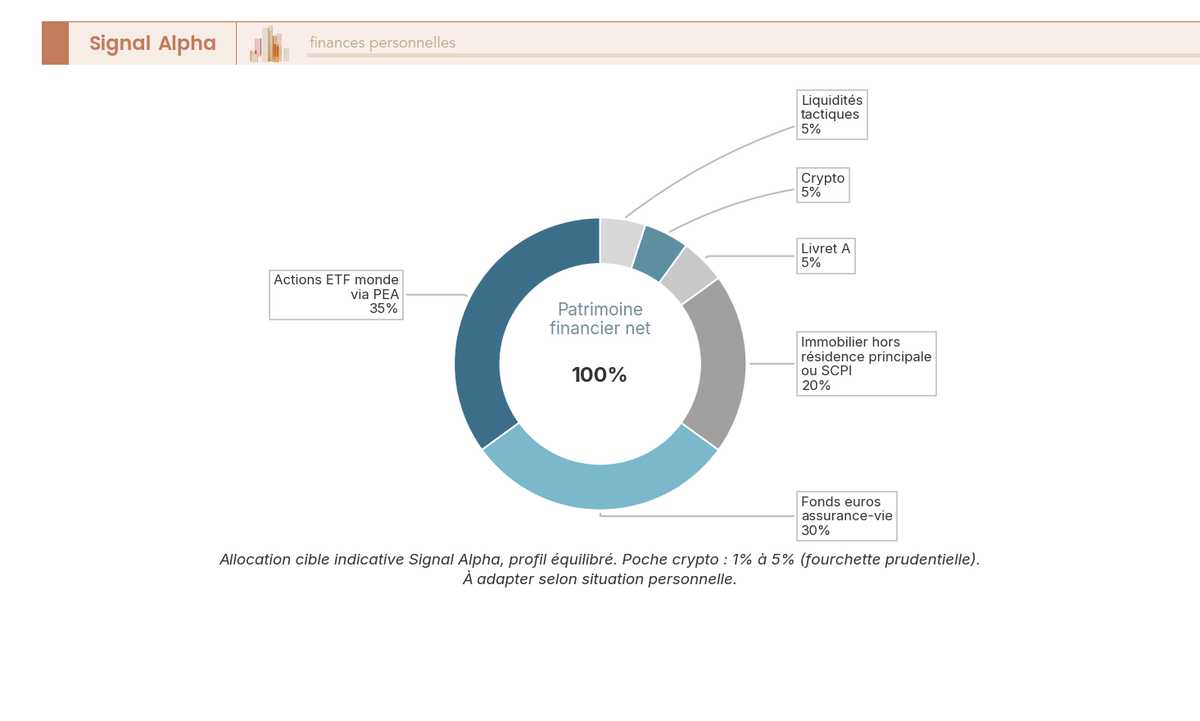 Diagramme en anneau montrant la répartition d'un patrimoine équilibré avec poche crypto limitée à 5 pour cent et segments traditionnels en tons neutres.