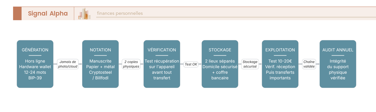 Flowchart linéaire à 8 étapes du cycle de vie d'une seed phrase avec codes couleur par phase et encarts d'interdictions.