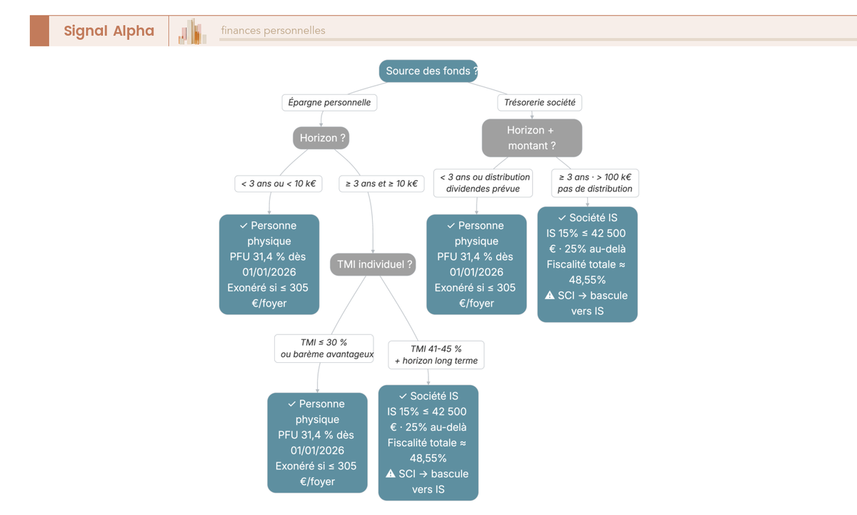 Arbre de décision à 5 niveaux pour arbitrer entre détention crypto en personne physique et société IS avec annotations sur la fiscalité totale.