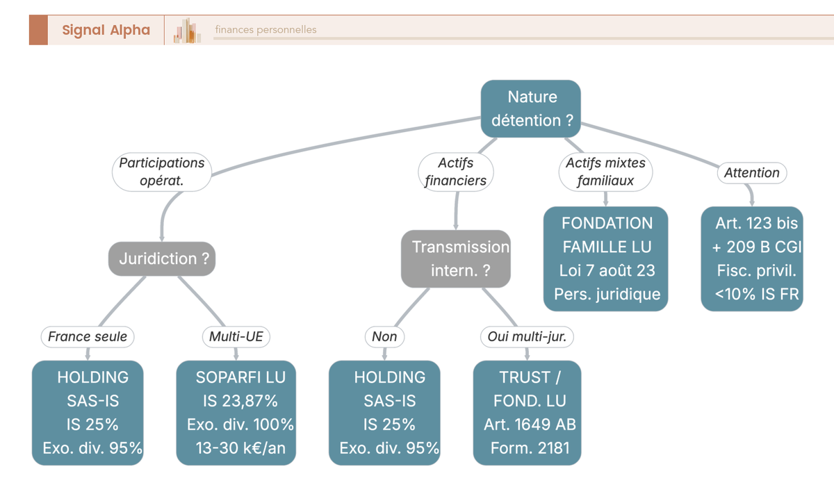 Arbre de décision : choix entre holding SAS-IS, SOPARFI luxembourgeoise, trust étranger et fondation de famille luxembourgeoise.