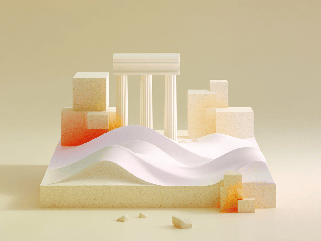Colonnes et ruban ondulant blanc, blocs orangés au premier plan sur fond beige