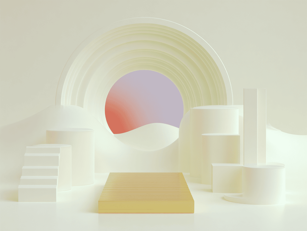 Socle doré sous une grande arche à anneaux concentriques, demi-cercle violet et rose, escalier et cylindres blancs