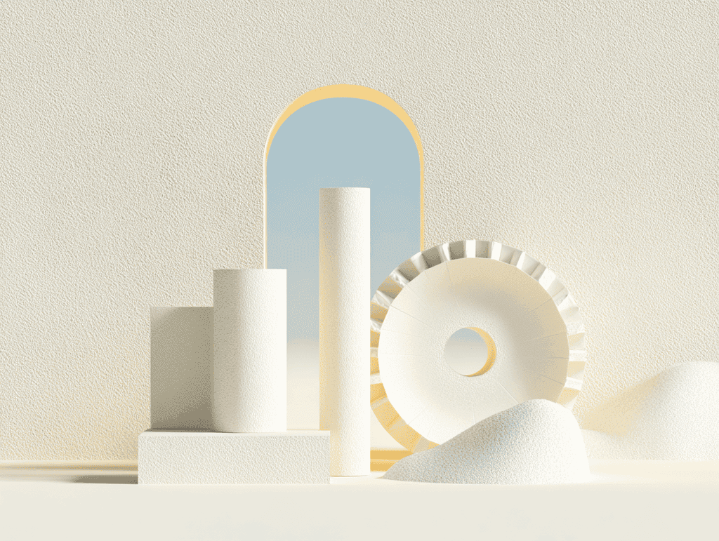 Composition 3D beige : à gauche des blocs cubiques en escalier et un haut cylindre, à droite une roue dentée crantée, au centre une arche évidée aux reflets bleu et jaune.