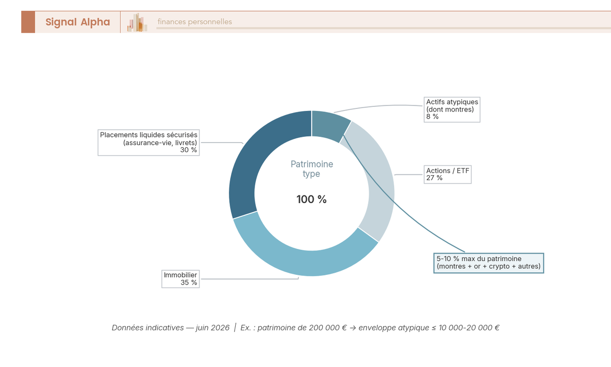 Diagramme en anneau de la repartition d'un patrimoine type en classes d'actifs, segment actifs atypiques dont montres plafonne a 5-10 pour cent.