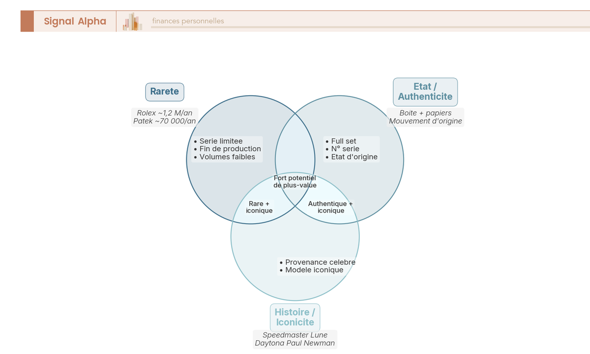 Diagramme de Venn a trois cercles rarete, etat-authenticite et histoire-iconicite, l'intersection marquant le fort potentiel de plus-value.