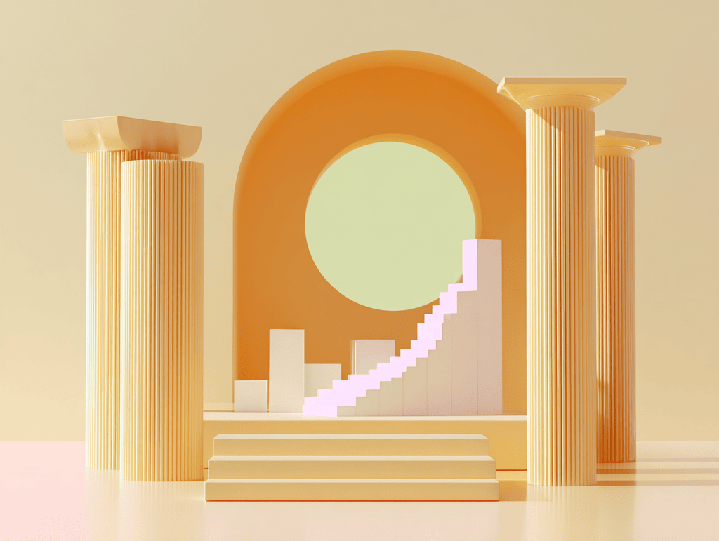 Colonnes dorées cannelées encadrant une arche orange avec cercle vert clair et escalier rose au centre