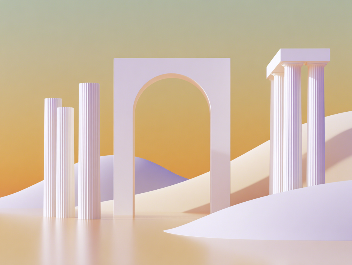 Clé géométrique épurée sur socle rectangulaire, deux tours parallélépipédiques en retrait, colonnes isolées et dalle lisse s'étendant vers l'horizon