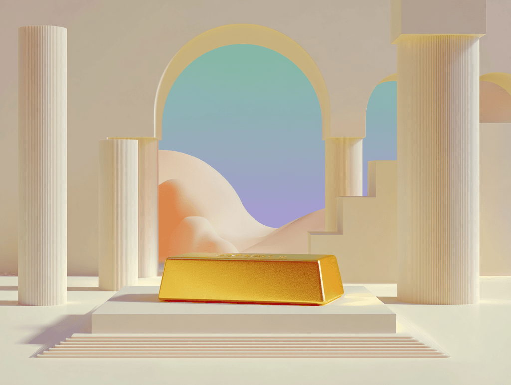 Lingot doré sur un socle blanc sous une arche ouverte sur un ciel dégradé bleu et violet, colonnes crème autour