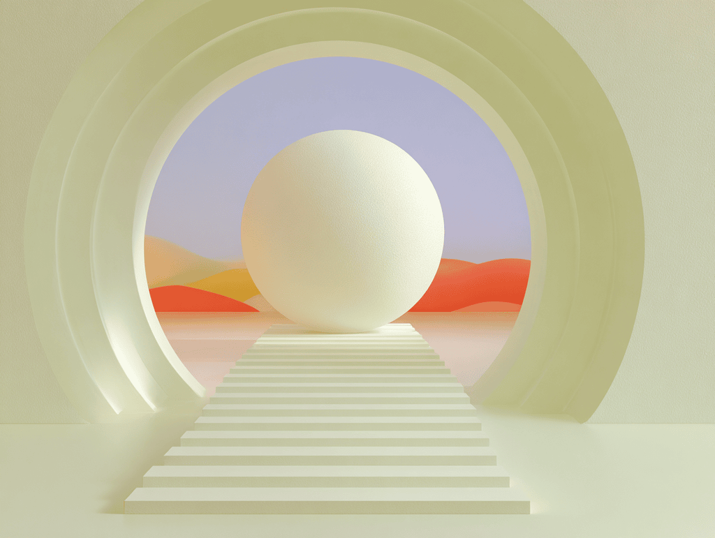 Sphère blanche au sommet d'un escalier menant à une arche crème, collines orange stylisées et ciel rosé pastel en arrière-plan